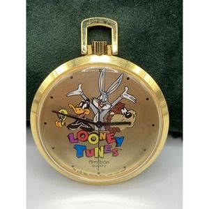Vintage Armitron 1994 Looney Tunes Crew Dial Pocket Watch Gold Tone